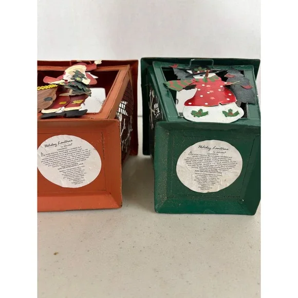 Set of 2 Vintage Christmas Metal Lanterns Santa Snowman Holiday Decor - Picture 7 of 7